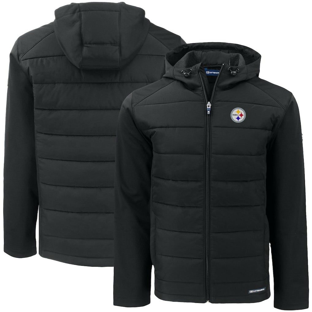 Pittsburgh Steelers Cutter & Buck Big & Tall Evoke Hybrid Eco Softshell Recycled Full-Zip Hooded Jacket Black