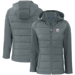 Pittsburgh Steelers Cutter & Buck Women's Evoke PrimaLoft Hybrid Eco Softshell Recycled Full-Zip Hooded Jacket Gray
