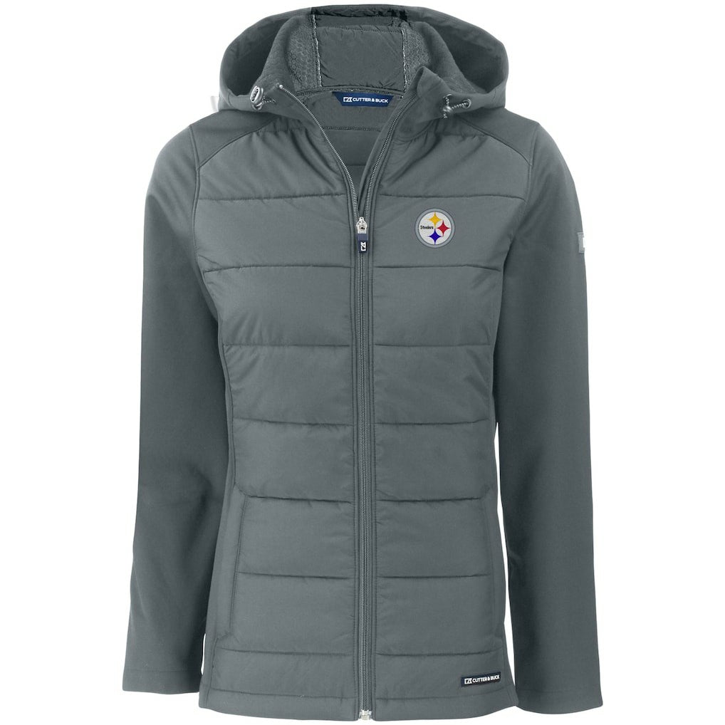 Pittsburgh Steelers Cutter & Buck Women's Evoke PrimaLoft Hybrid Eco Softshell Recycled Full-Zip Hooded Jacket Gray