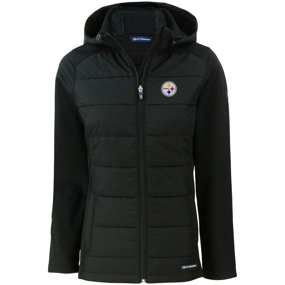 Pittsburgh Steelers Cutter & Buck Women's Evoke PrimaLoft Hybrid Eco Softshell Recycled Full-Zip Hooded Jacket Black