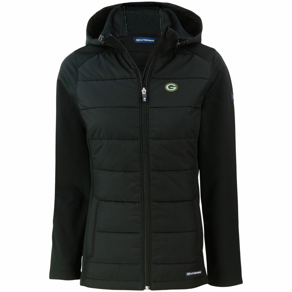 Green Bay Packers Cutter & Buck Women's Evoke PrimaLoft Hybrid Eco Softshell Recycled Full-Zip Hooded Jacket Black