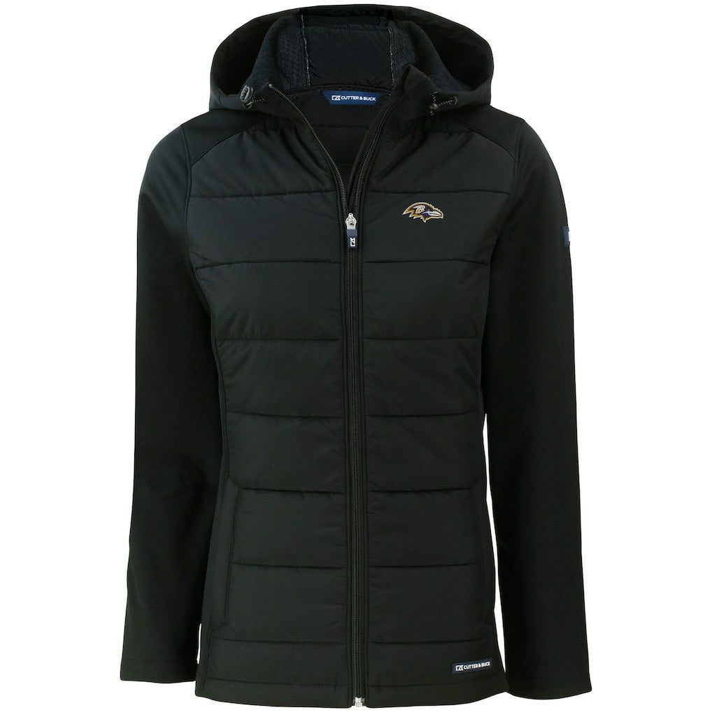 Baltimore Ravens Cutter & Buck Women's Evoke PrimaLoft Hybrid Eco Softshell Recycled Full-Zip Hooded Jacket Black