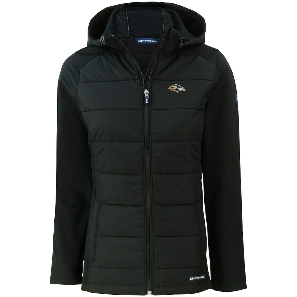 Baltimore Ravens Cutter & Buck Women's Evoke PrimaLoft Hybrid Eco Softshell Recycled Full-Zip Hooded Jacket Black