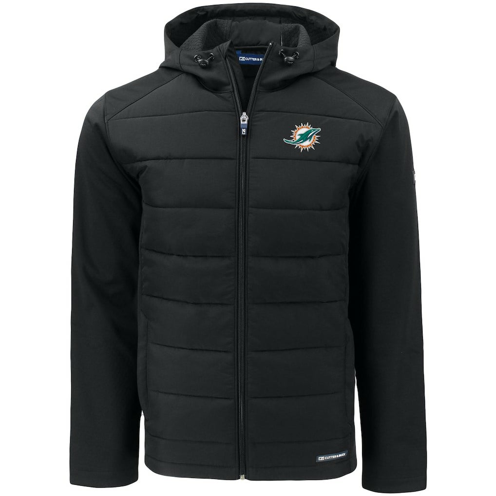 Miami Dolphins Cutter & Buck Evoke PrimaLoft Hybrid Eco Softshell Recycled Full-Zip Hooded Jacket Black