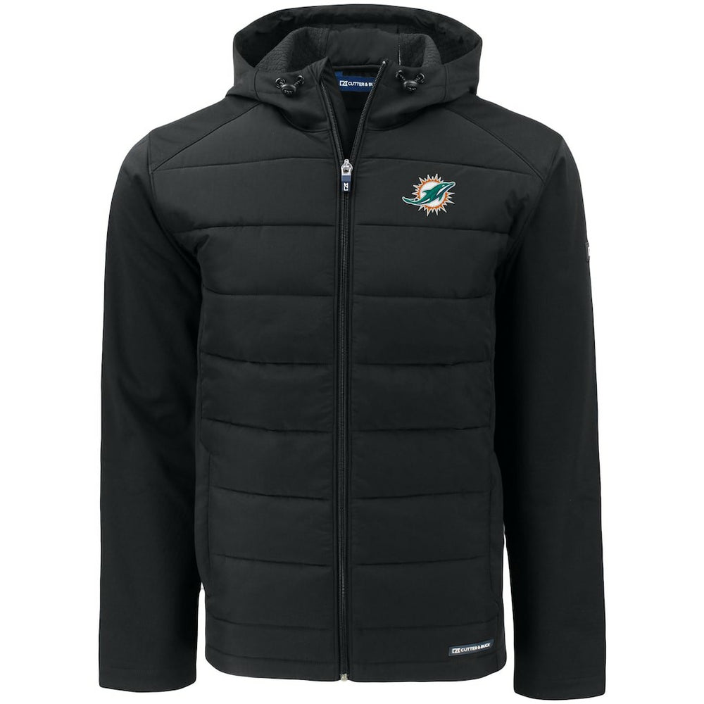 Miami Dolphins Cutter & Buck Evoke PrimaLoft Hybrid Eco Softshell Recycled Full-Zip Hooded Jacket Black