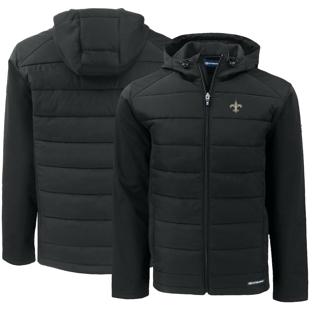 New Orleans Saints Cutter & Buck Evoke PrimaLoft Hybrid Eco Softshell Recycled Full-Zip Hooded Jacket Black