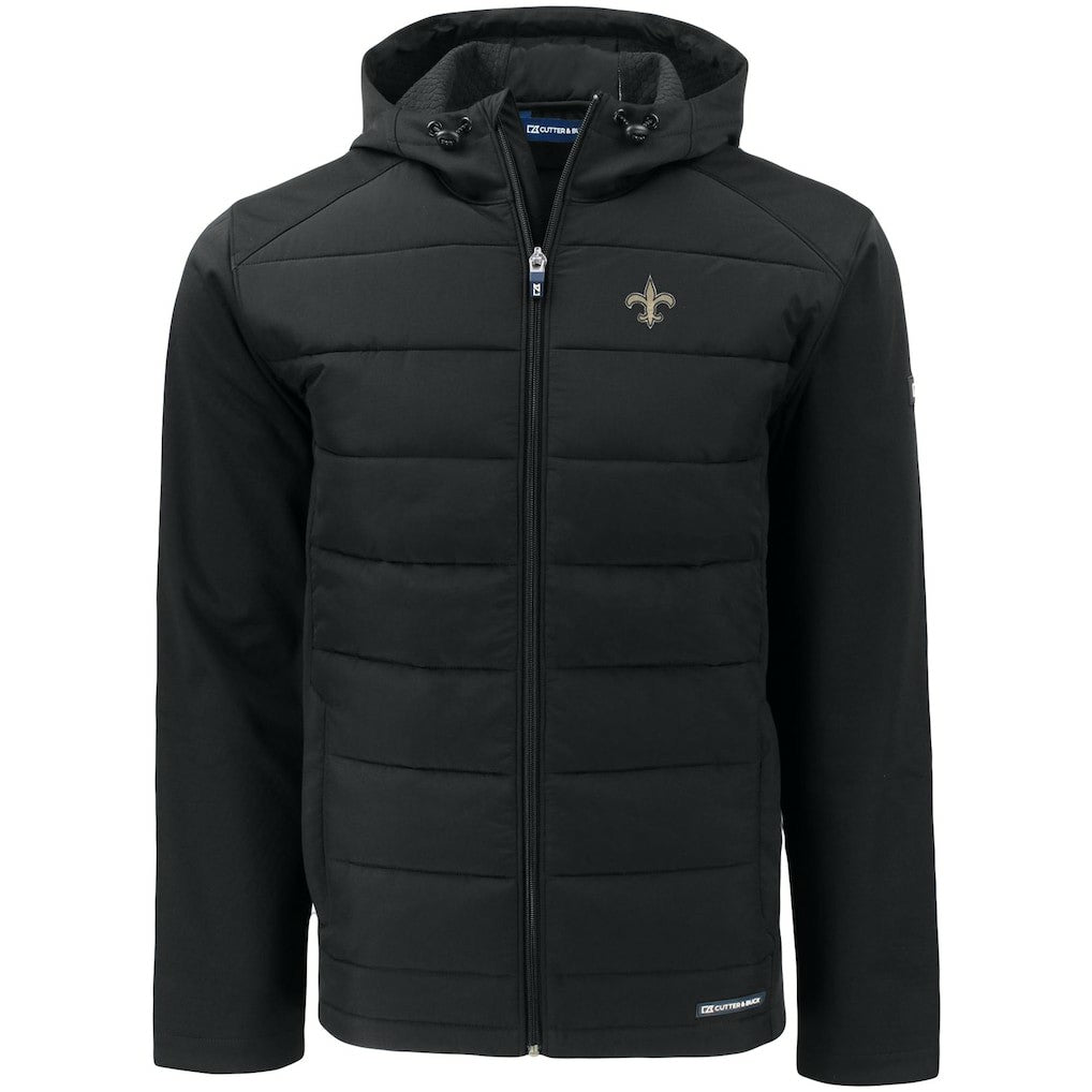 New Orleans Saints Cutter & Buck Evoke PrimaLoft Hybrid Eco Softshell Recycled Full-Zip Hooded Jacket Black