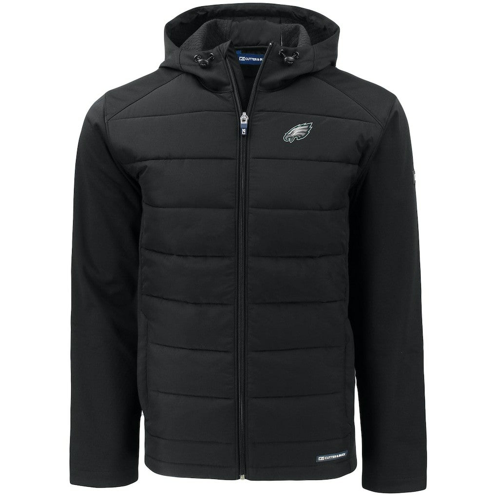 Philadelphia Eagles Cutter & Buck Evoke PrimaLoft Hybrid Eco Softshell Recycled Full-Zip Hooded Jacket Black