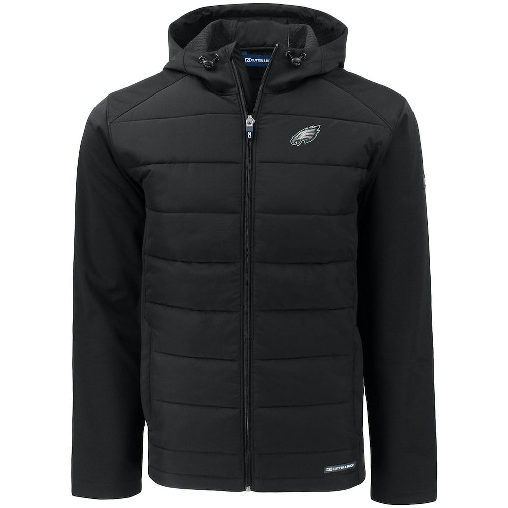 Philadelphia Eagles Cutter & Buck Evoke PrimaLoft Hybrid Eco Softshell Recycled Full-Zip Hooded Jacket Black