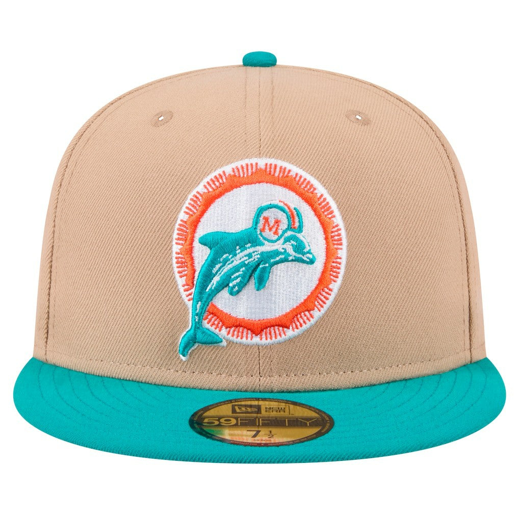 Miami Dolphins New Era Throwback Logo Main 59FIFTY Fitted Hat Tan