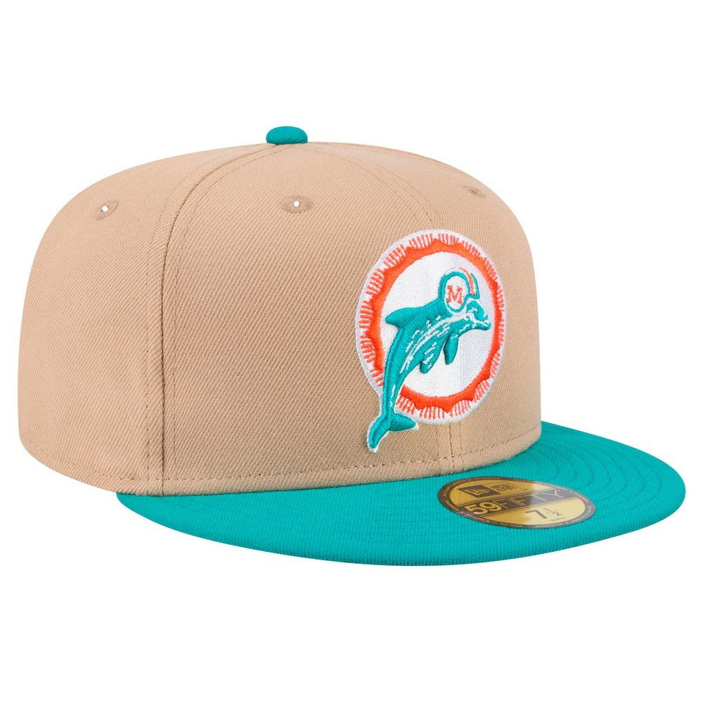 Miami Dolphins New Era Throwback Logo Main 59FIFTY Fitted Hat Tan