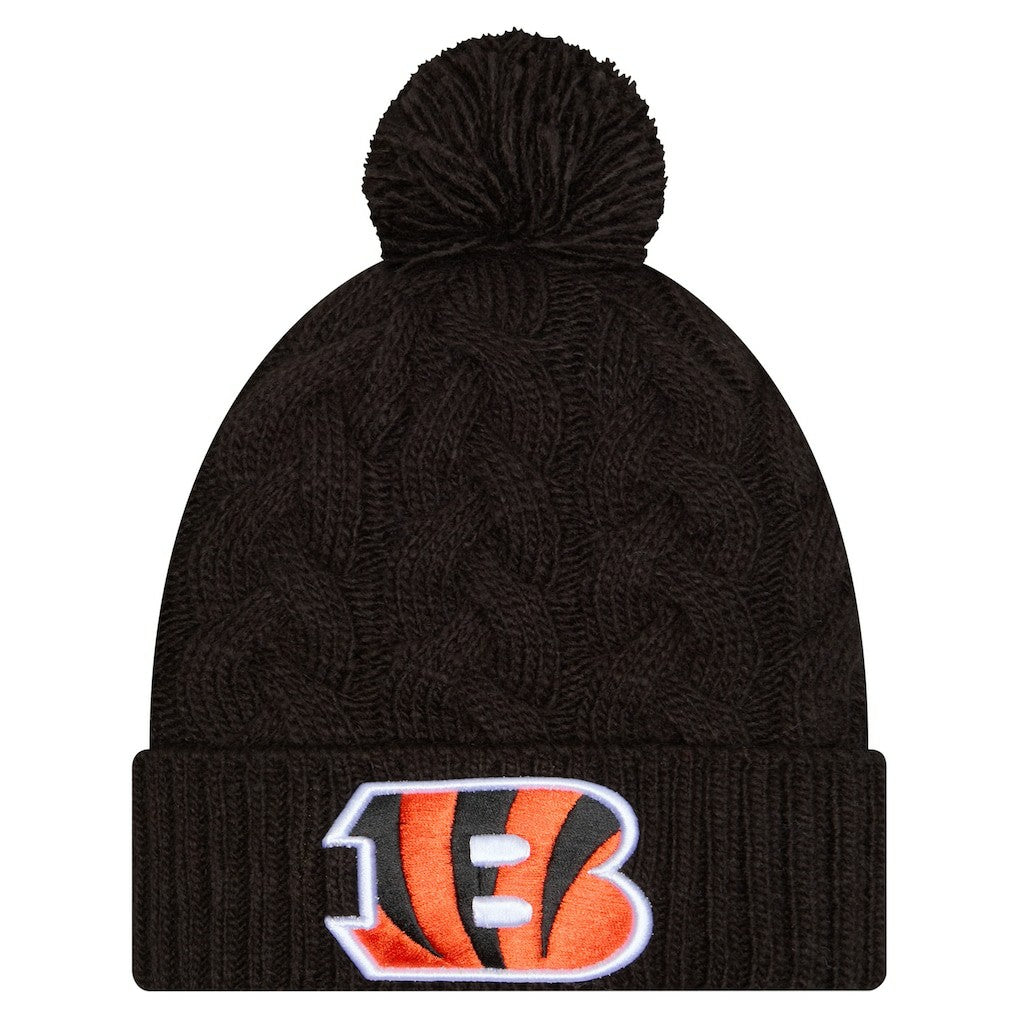 Cincinnati Bengals New Era Girls Youth Cabled Cuffed Knit Hat with Pom Black