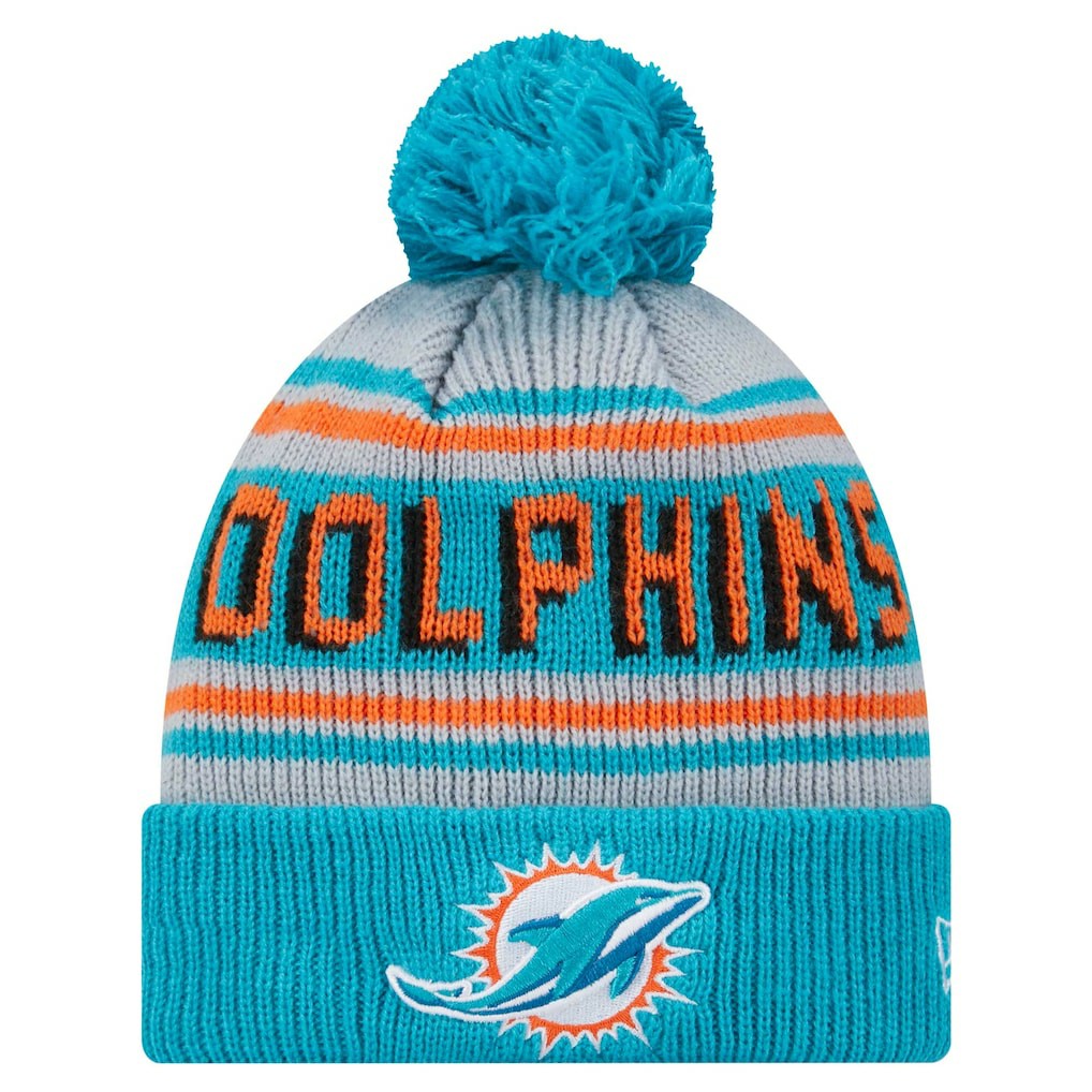 Miami Dolphins New Era Youth Main Cuffed Knit Hat with Pom Aqua