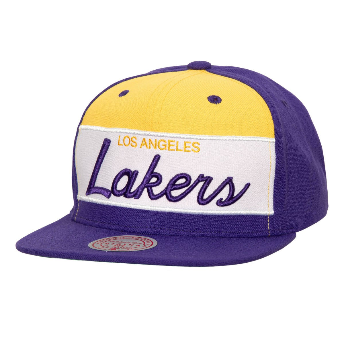 Los Angeles Lakers Retro Sport Color Block Script Snapback Hat White/Purple | Mitchell & Ness Near Me