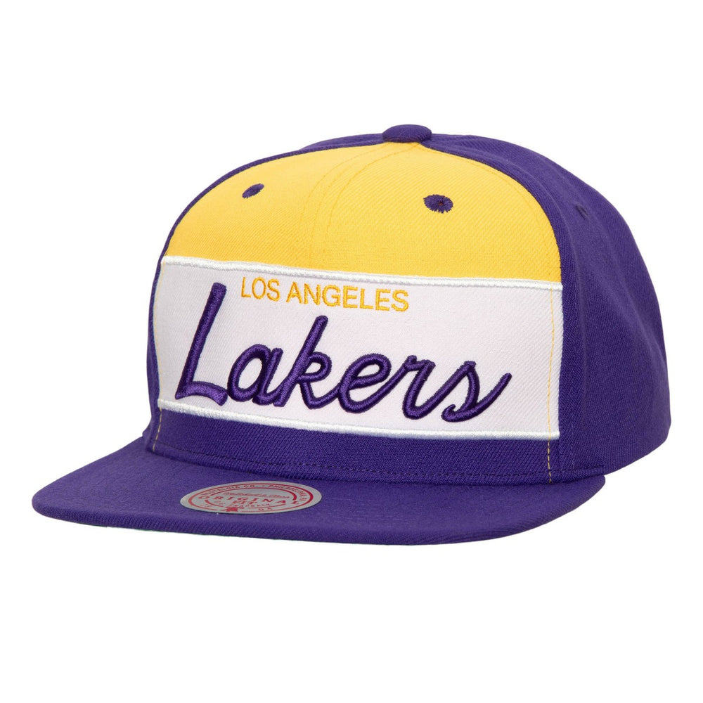 Los Angeles Lakers Retro Sport Color Block Script Snapback Hat White/Purple | Mitchell & Ness Near Me