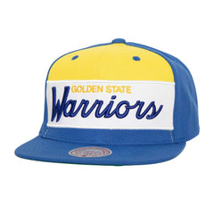 Golden State Warriors Retro Sport Color Block Script Snapback Hat for sale White/Royal | Mitchell & Ness outlet