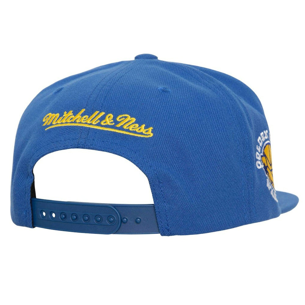 Golden State Warriors Retro Sport Color Block Script Snapback Hat for sale White/Royal | Mitchell & Ness outlet