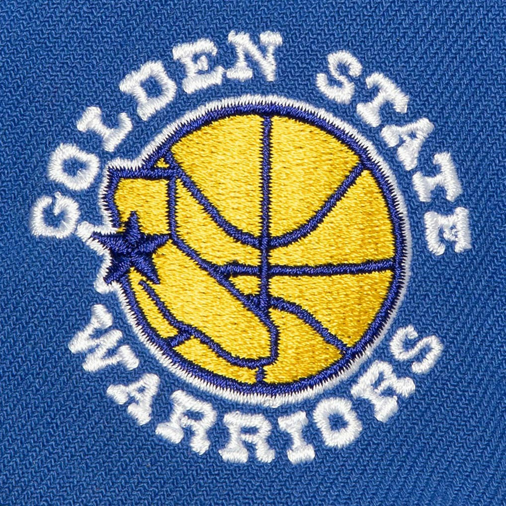 Golden State Warriors Retro Sport Color Block Script Snapback Hat for sale White/Royal | Mitchell & Ness outlet
