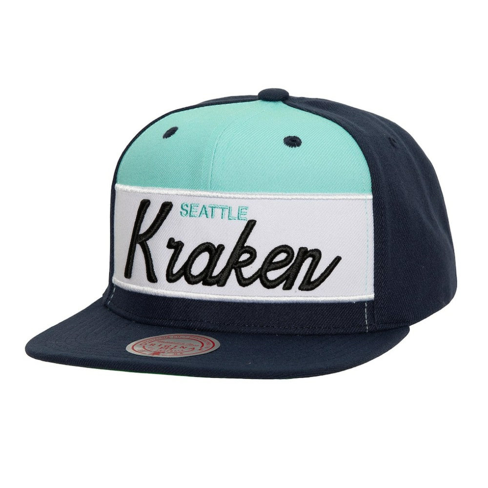 Seattle Kraken Mitchell & Ness Retro Script Colorblock Snapback Hat - Deep Sea Blue - NHL 201141488