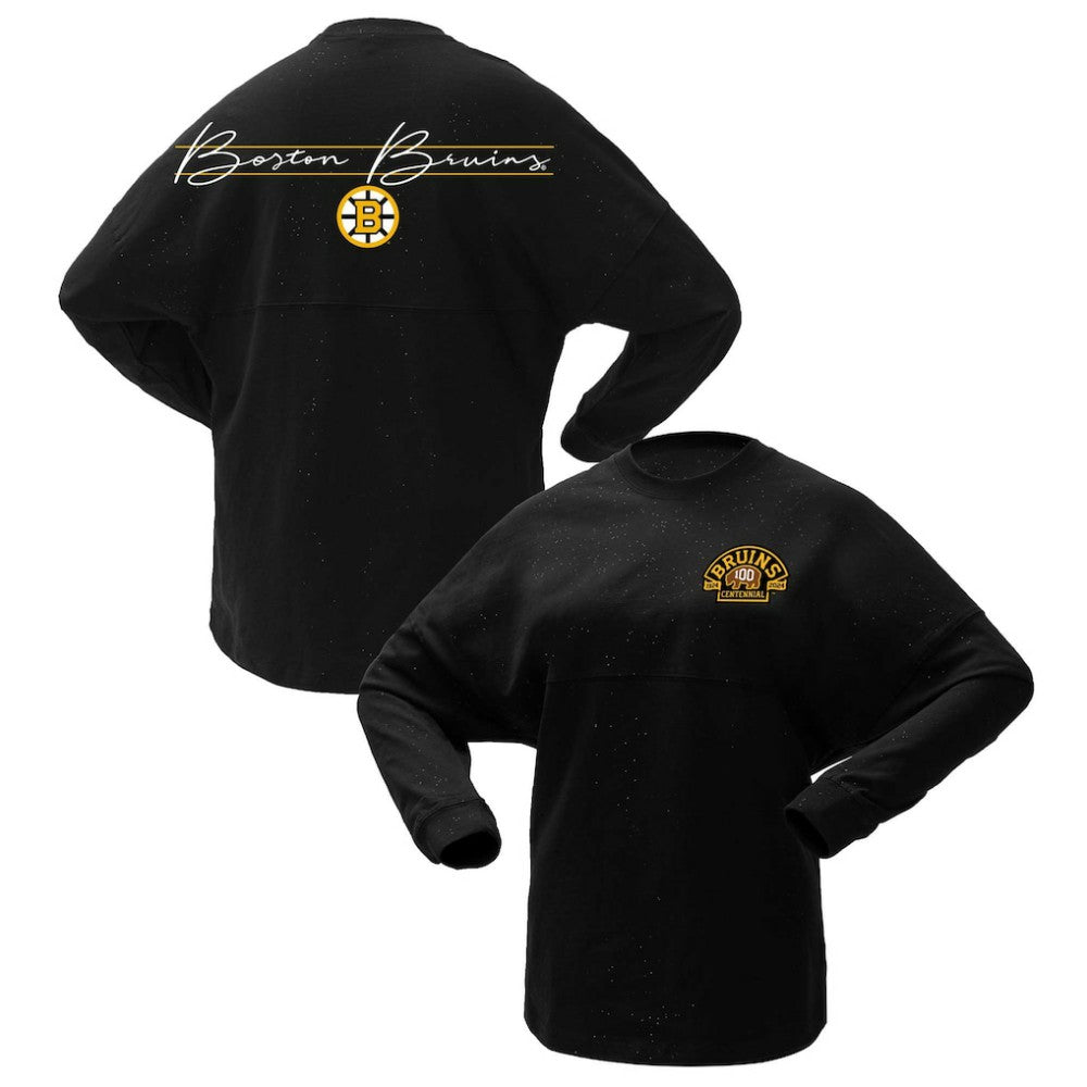 Boston Bruins Fanatics Women's 100th Anniversary Sparkle Spirit Jersey T-Shirt - Black - NHL 201153717