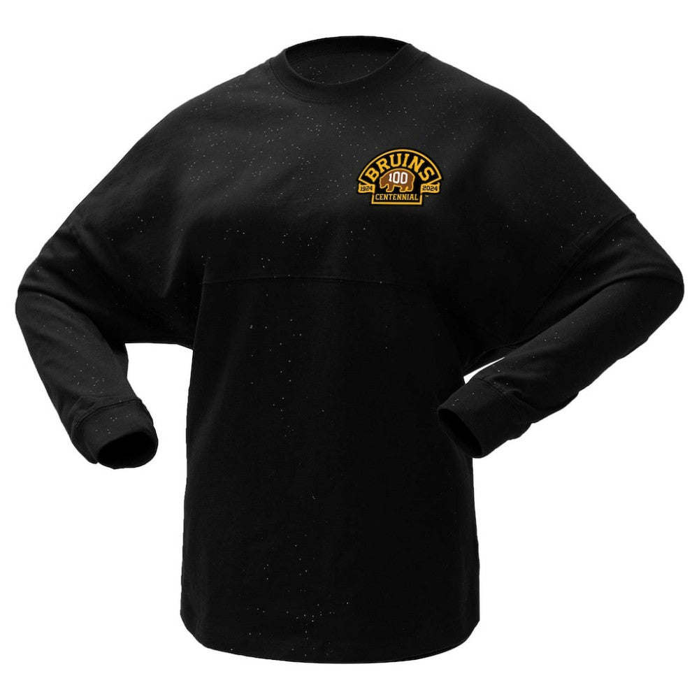 Boston Bruins Fanatics Women's 100th Anniversary Sparkle Spirit Jersey T-Shirt - Black - NHL 201153717