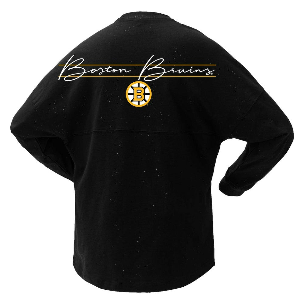 Boston Bruins Fanatics Women's 100th Anniversary Sparkle Spirit Jersey T-Shirt - Black - NHL 201153717
