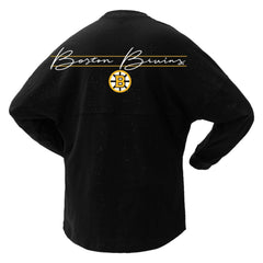Boston Bruins Fanatics Women's 100th Anniversary Sparkle Spirit Jersey T-Shirt - Black - NHL 201153717