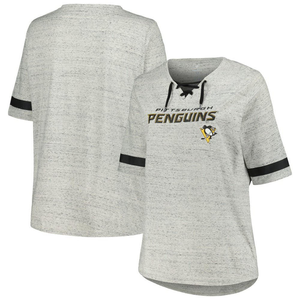 Pittsburgh Penguins Fanatics Women's Plus Size Lace-Up T-Shirt - Heather Gray - NHL 201173348