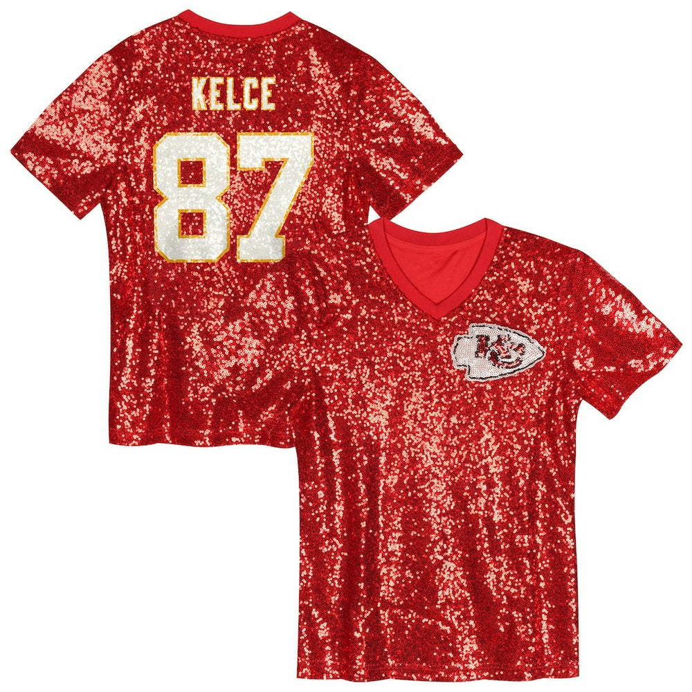 Travis Kelce Kansas City Chiefs Girls Youth Sequin V-Neck Fashion Jersey Red