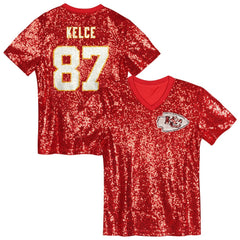 Travis Kelce Kansas City Chiefs Girls Youth Sequin V-Neck Fashion Jersey Red