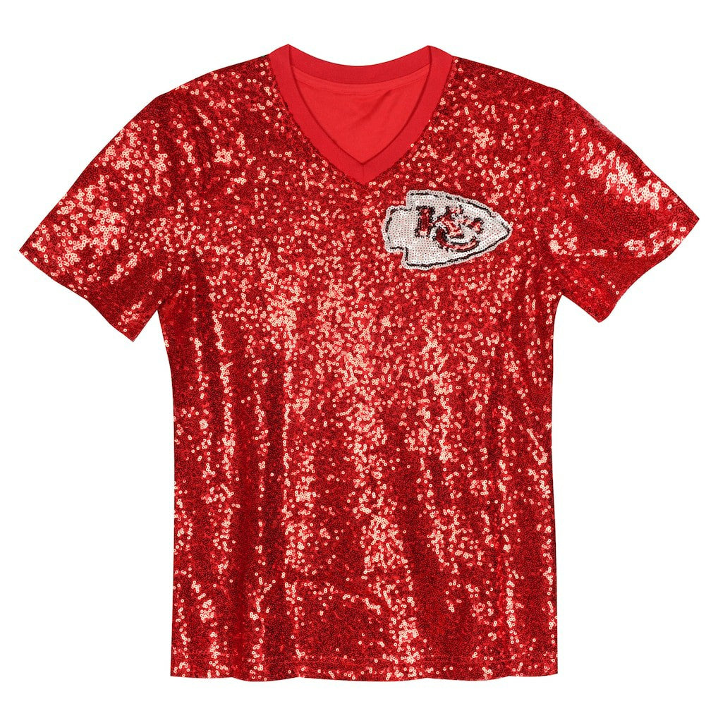 Travis Kelce Kansas City Chiefs Girls Youth Sequin V-Neck Fashion Jersey Red