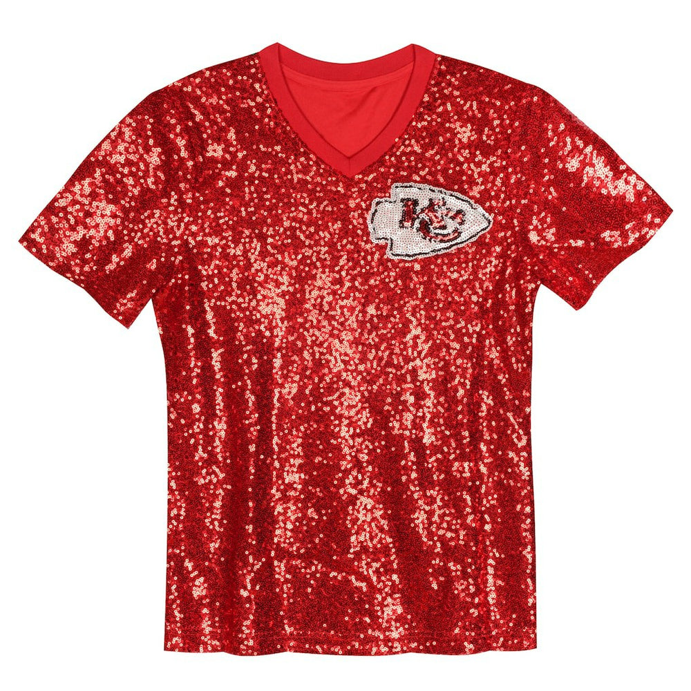 Travis Kelce Kansas City Chiefs Girls Youth Sequin V-Neck Fashion Jersey Red