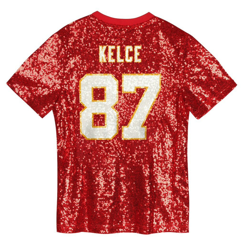 Travis Kelce Kansas City Chiefs Girls Youth Sequin V-Neck Fashion Jersey Red