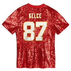 Travis Kelce Kansas City Chiefs Girls Youth Sequin V-Neck Fashion Jersey Red