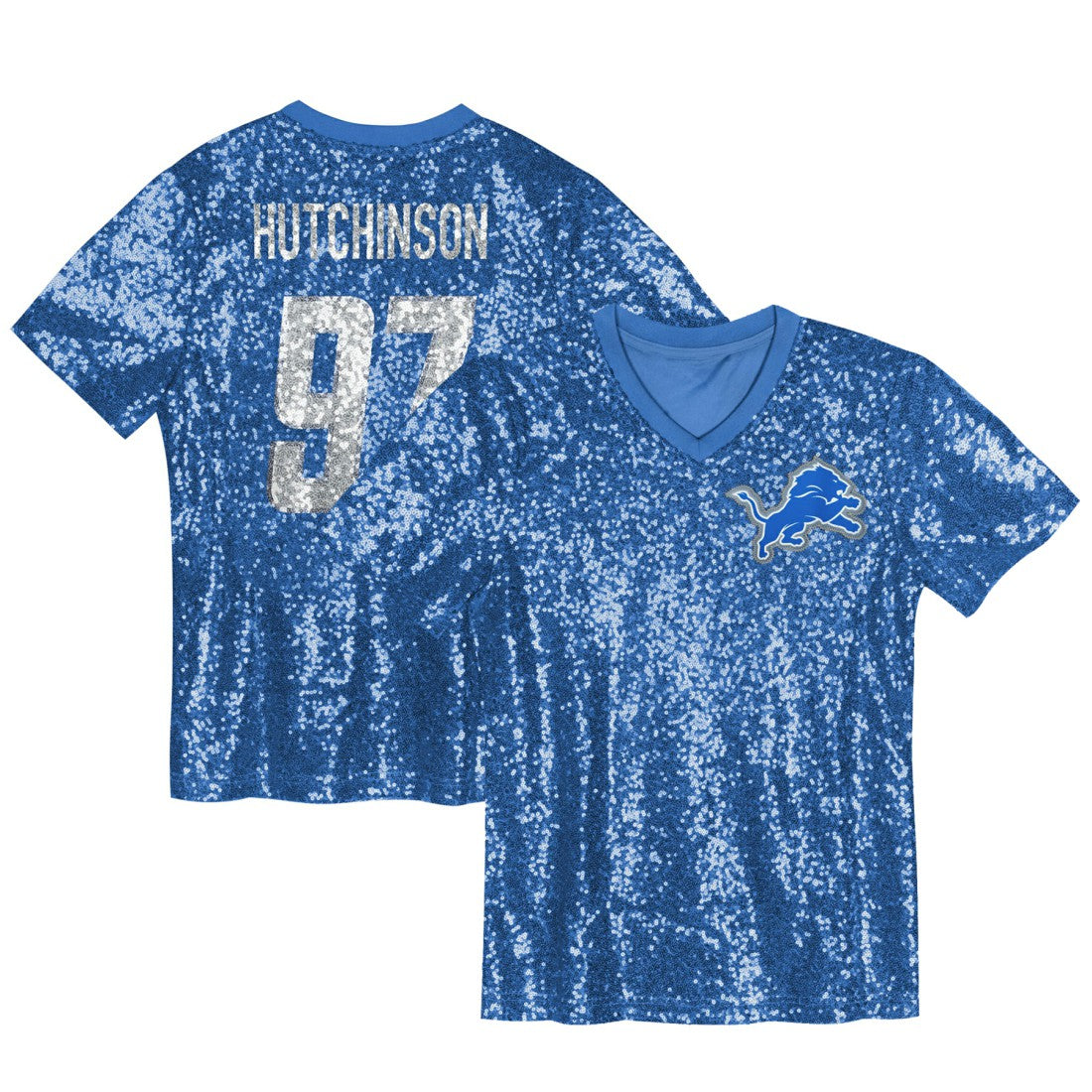 Aidan Hutchinson Detroit Lions Girls Youth Sequin V-Neck Fashion Jersey Blue