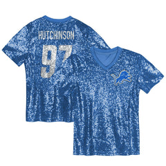 Aidan Hutchinson Detroit Lions Girls Youth Sequin V-Neck Fashion Jersey Blue