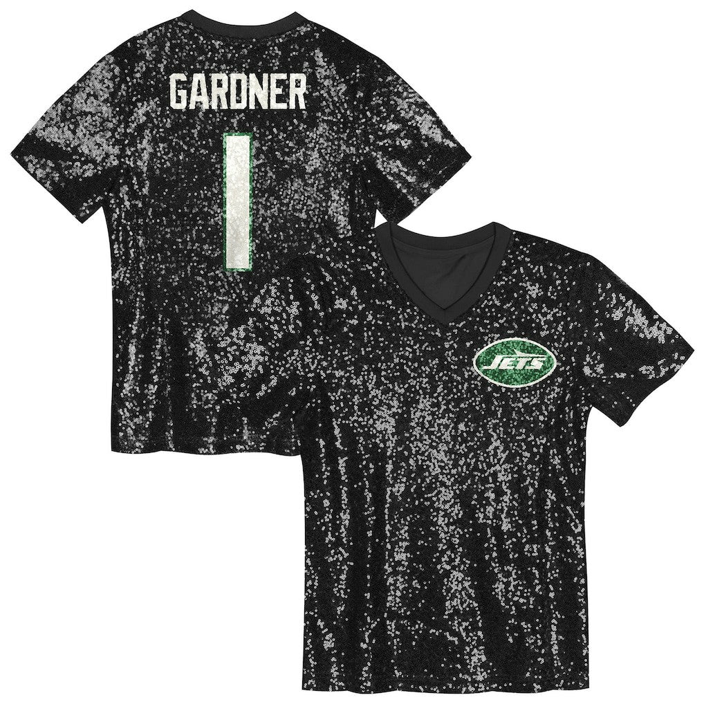 Sauce Gardner New York Jets Girls Youth Sequin V-Neck Fashion Jersey Black