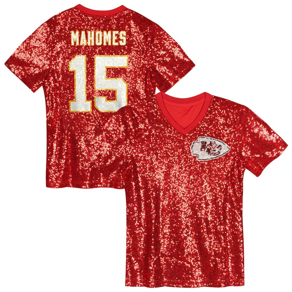 Patrick Mahomes Kansas City Chiefs Girls Youth Sequin V-Neck Fashion Jersey Red