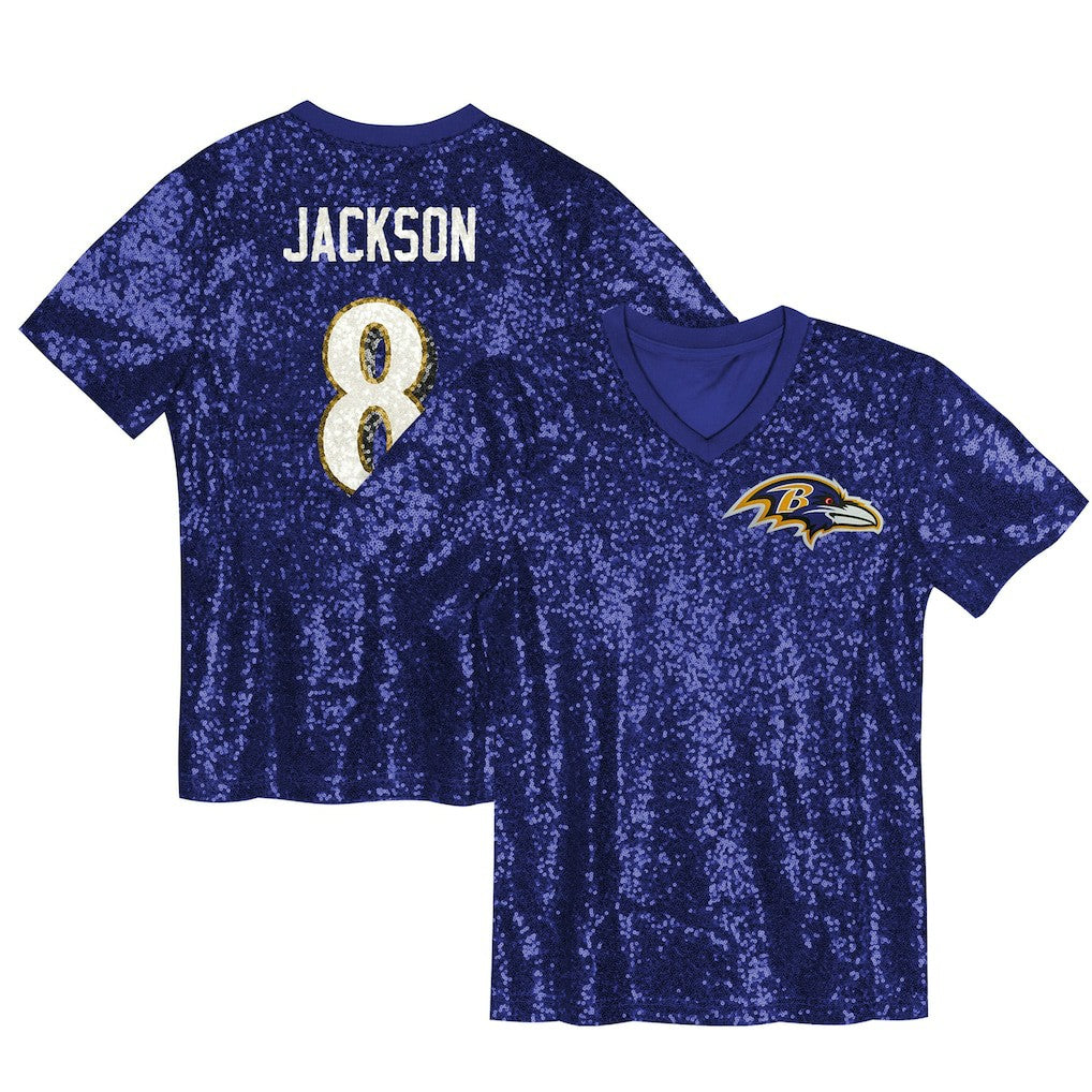 Lamar Jackson Baltimore Ravens Girls Youth Sequin V-Neck Fashion Jersey Purple