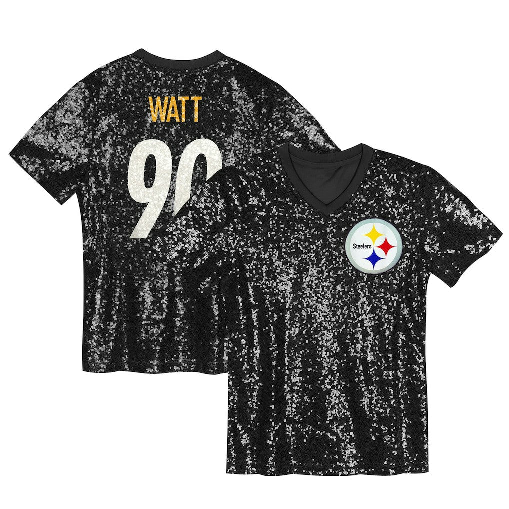 T.J. Watt Pittsburgh Steelers Girls Youth Sequin V-Neck Fashion Jersey Black