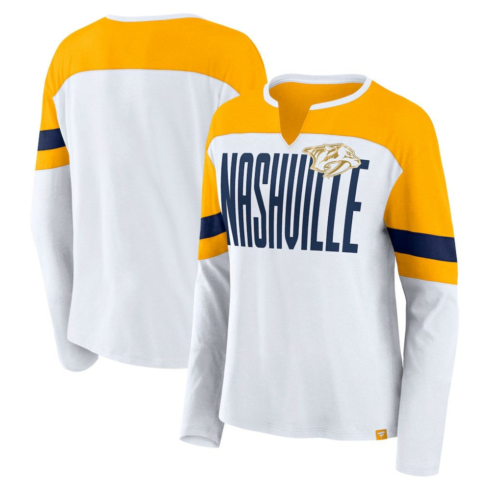 Nashville Predators Fanatics Women's Frozen Long Sleeve Notch Neck T-Shirt - White/Gold - NHL 201190143