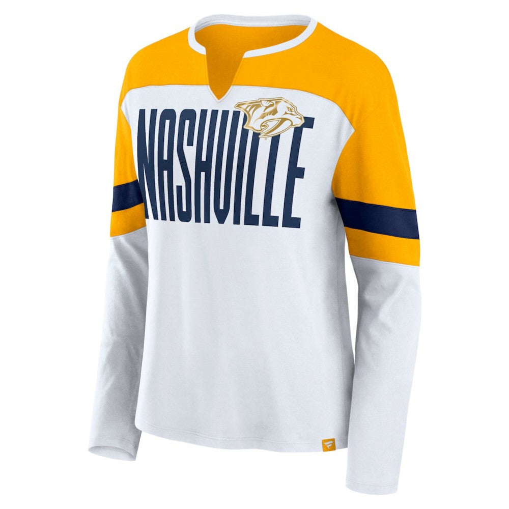 Nashville Predators Fanatics Women's Frozen Long Sleeve Notch Neck T-Shirt - White/Gold - NHL 201190143