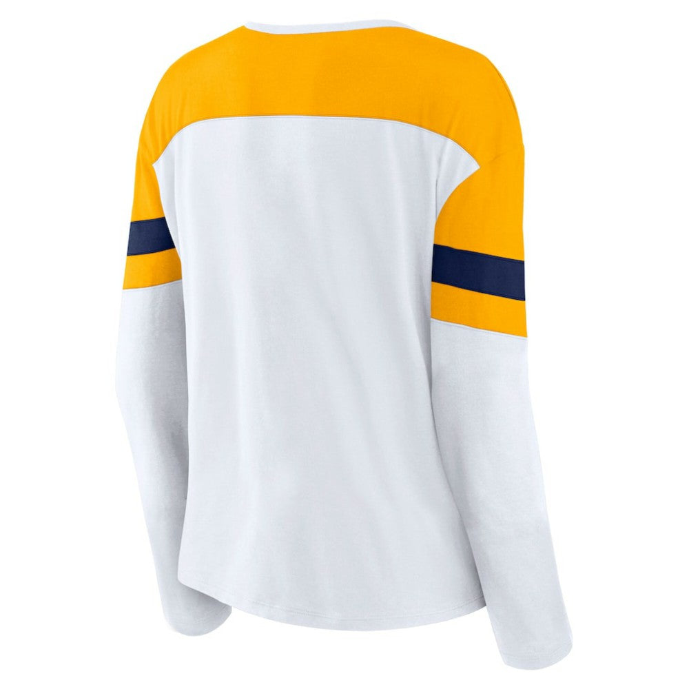 Nashville Predators Fanatics Women's Frozen Long Sleeve Notch Neck T-Shirt - White/Gold - NHL 201190143