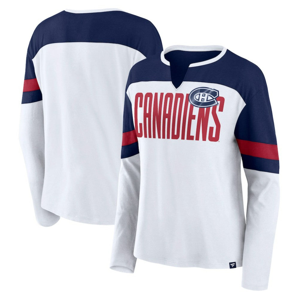 Montreal Canadiens Fanatics Women's Frozen Long Sleeve Notch Neck T-Shirt - White/Navy - NHL 201190144