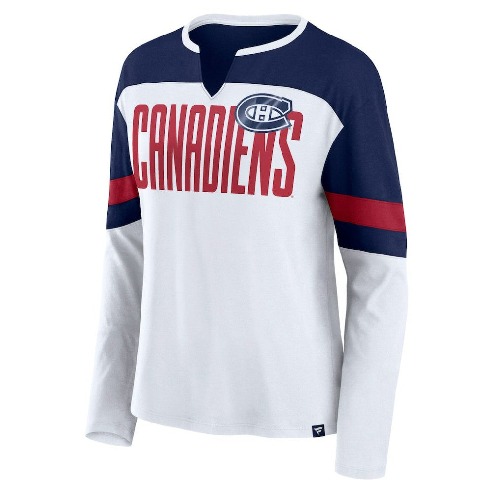 Montreal Canadiens Fanatics Women's Frozen Long Sleeve Notch Neck T-Shirt - White/Navy - NHL 201190144