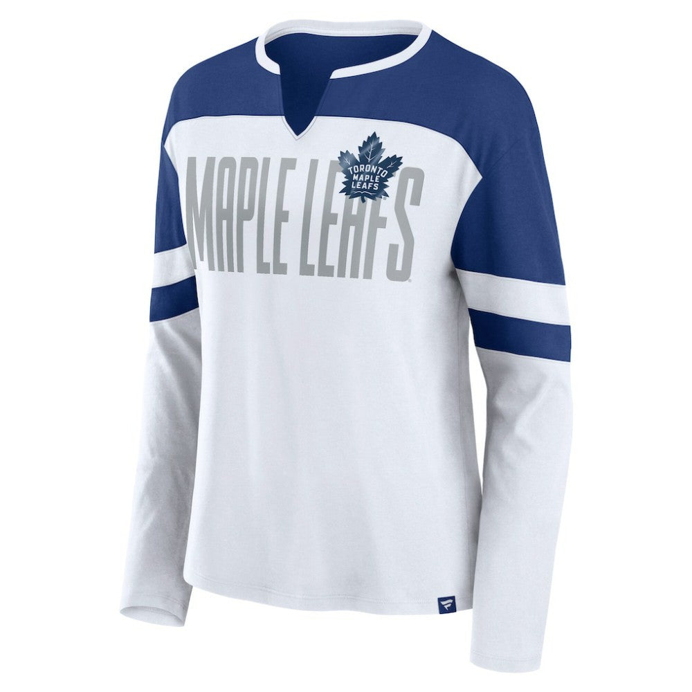 Toronto Maple Leafs Fanatics Women's Frozen Long Sleeve Notch Neck T-Shirt - White/Blue - NHL 201190151