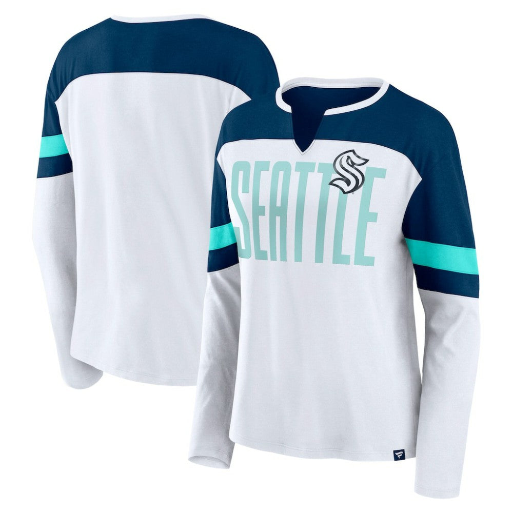 Seattle Kraken Fanatics Women's Frozen Long Sleeve Notch Neck T-Shirt - White/Deep Sea Blue - NHL 201190159