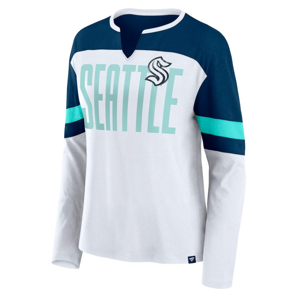 Seattle Kraken Fanatics Women's Frozen Long Sleeve Notch Neck T-Shirt - White/Deep Sea Blue - NHL 201190159