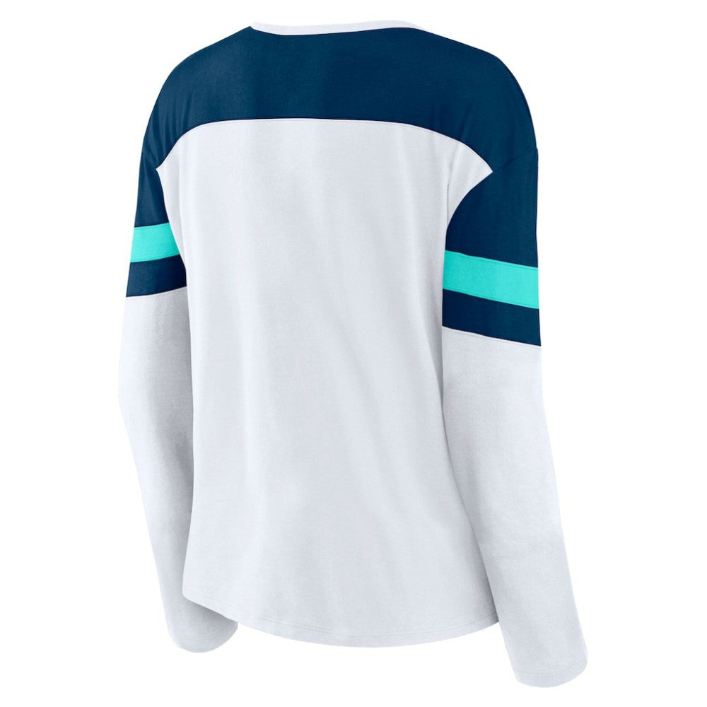 Seattle Kraken Fanatics Women's Frozen Long Sleeve Notch Neck T-Shirt - White/Deep Sea Blue - NHL 201190159