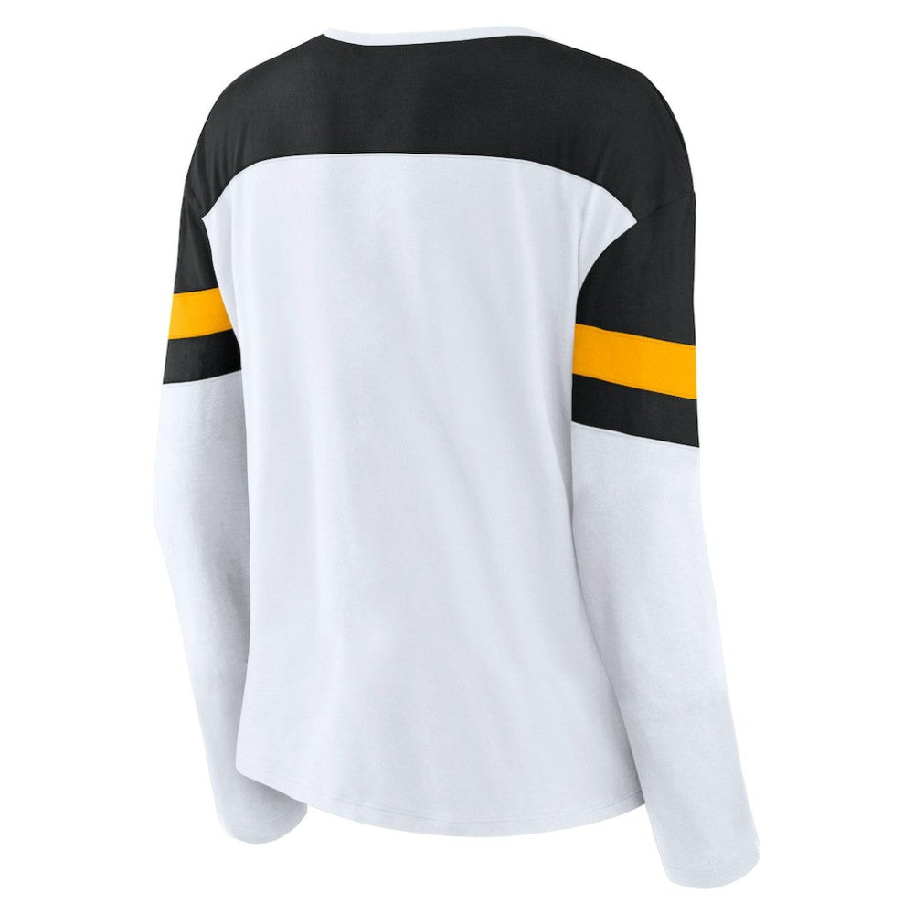 Boston Bruins Fanatics Women's Frozen Long Sleeve Notch Neck T-Shirt - White/Black - NHL 201190167
